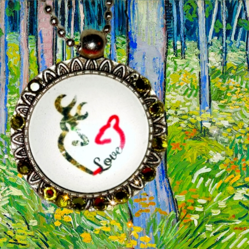 Browning Buck/Doe Pink & Green Round Cabachon Pendant w/ Olive Green Crystals